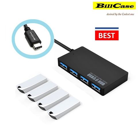 Bill Case 2019 全新 USB-IF 認證製造商 輕量攜帶型 5 Gbps Type-C 轉 USB 3.0 x 4 孔 極速傳輸 集線器 酷黑