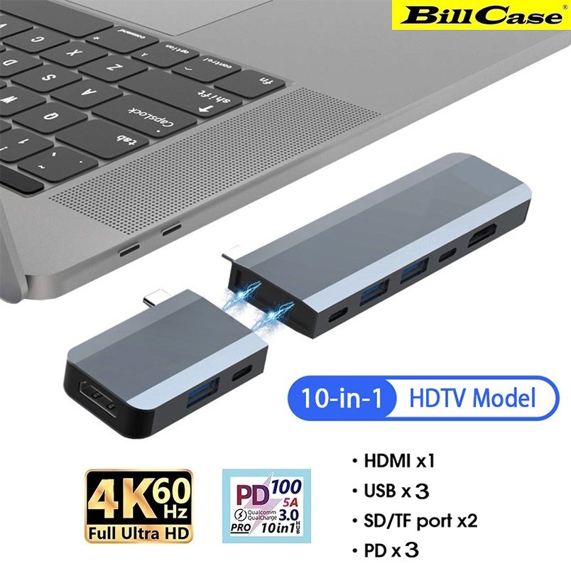 Bill Case   2022 GaN n Roses 全新 終極多功十合一 PD100W 4K HDMI 雙Type-C 10 Gbps 磁吸集線器 極速HUB 鈦極灰