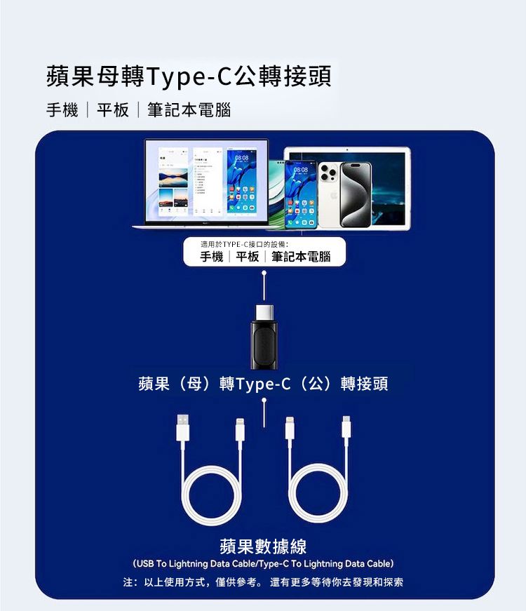 蘋果母轉Type-C公轉接頭手機|平板|筆記本電腦適用於TYPE-C接口的設備:手機平板 | 筆記本電腦蘋果(母)轉Type-C(公)轉接頭蘋果數據線(USB To Lightning Data Cable/Type-C To Lightning Data Cable)注:以上使用方式,僅供參考。 還有更多等待你去發現和探索