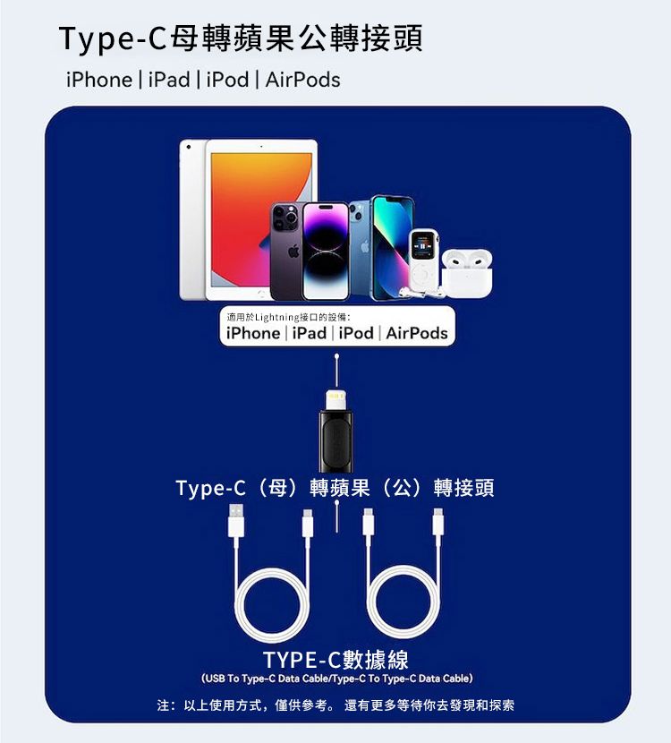 ТуреiPhone  iPad  iPod  AirPodsLightningiPhone iPad iPod  AirPodsТуре  TYPE-(USB  Type-C Data Cable/Type-C To Type-C Data Cable)注:以上使用方式,僅供參考。 還有更多等待你去發現和探索