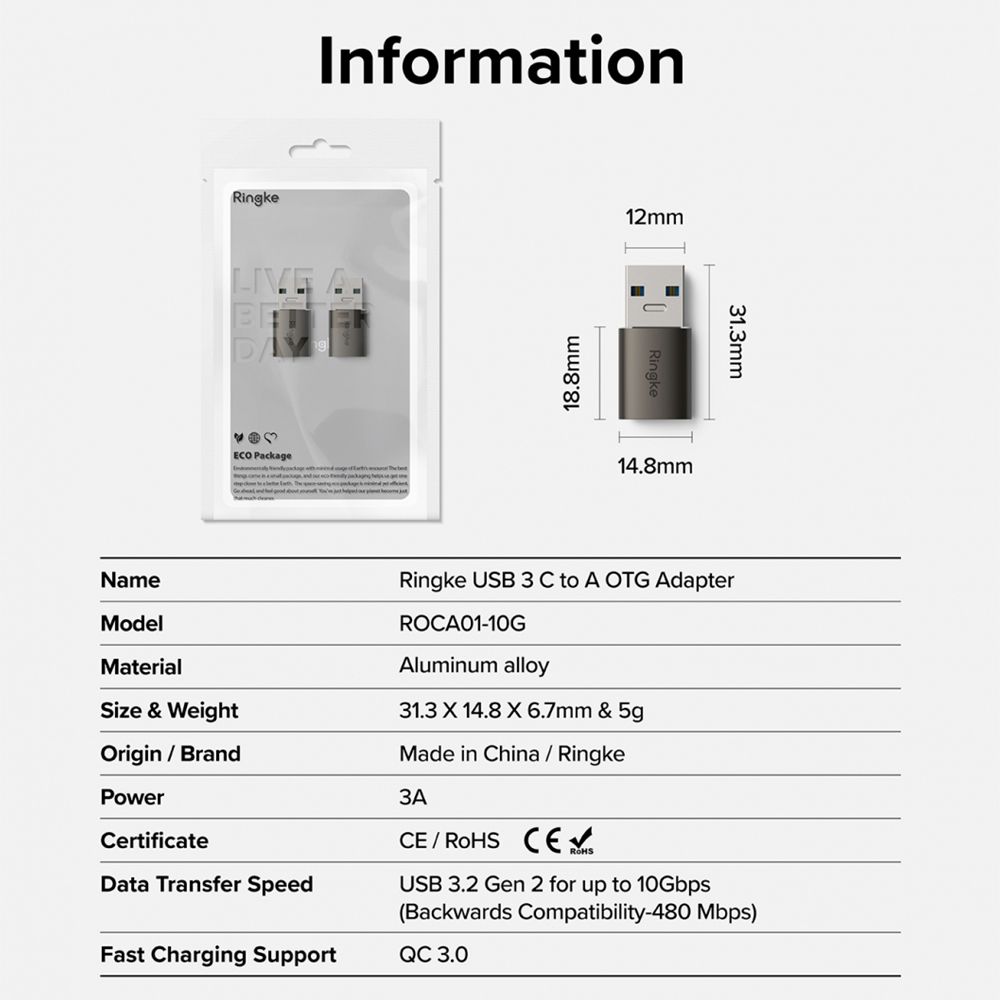 Ringke Type-C to USB-A USB-3.2 Gen-2 QC3.0 10Gbps 3A [USB 3 C to A OTG Adapter] 鋁合金快充配接適配器轉接頭2入