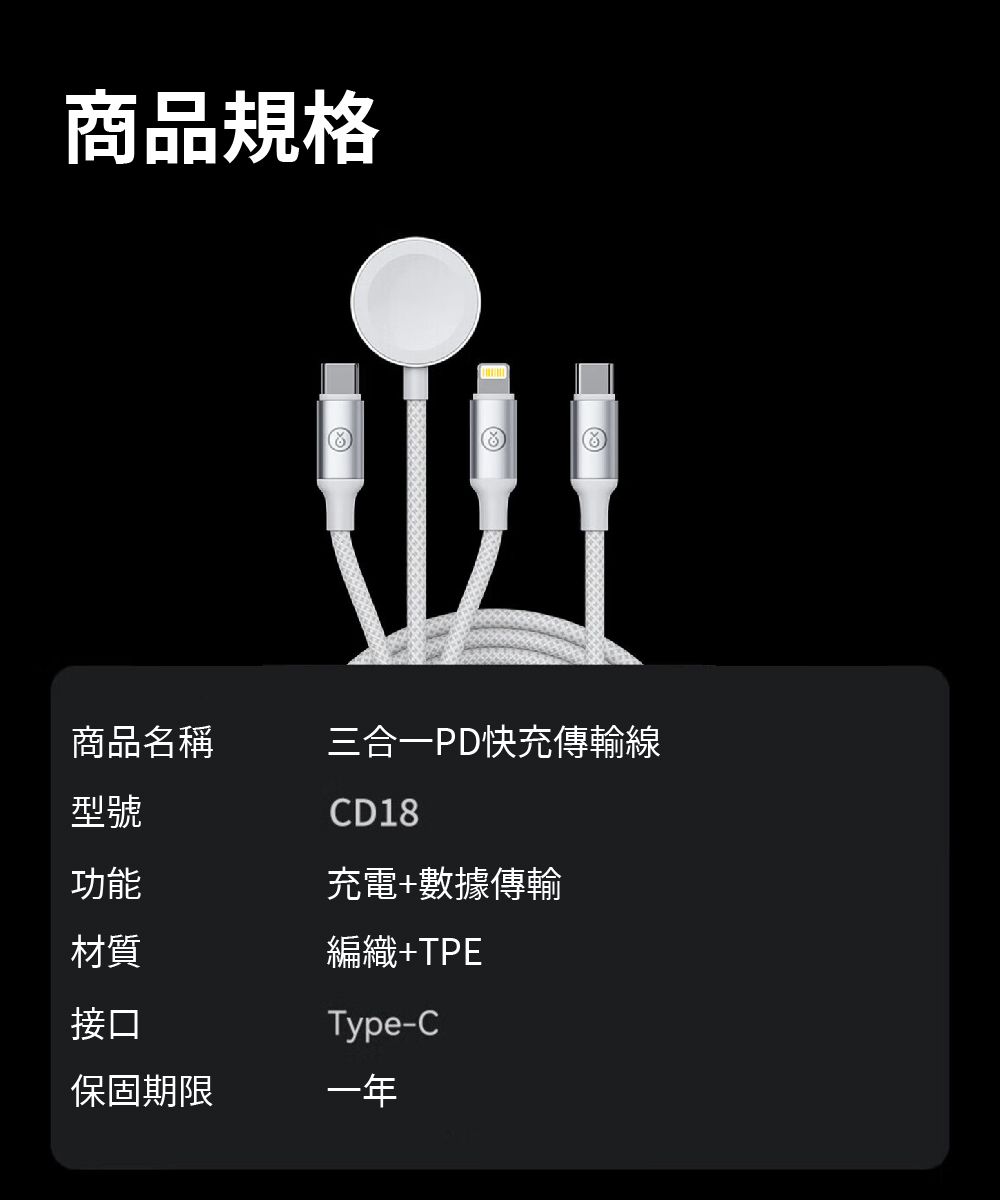 商品規格商品名稱三合一PD快充傳輸線型號CD18功能充電+數據傳輸材質編織+TPE接口Type-C保固期限一年