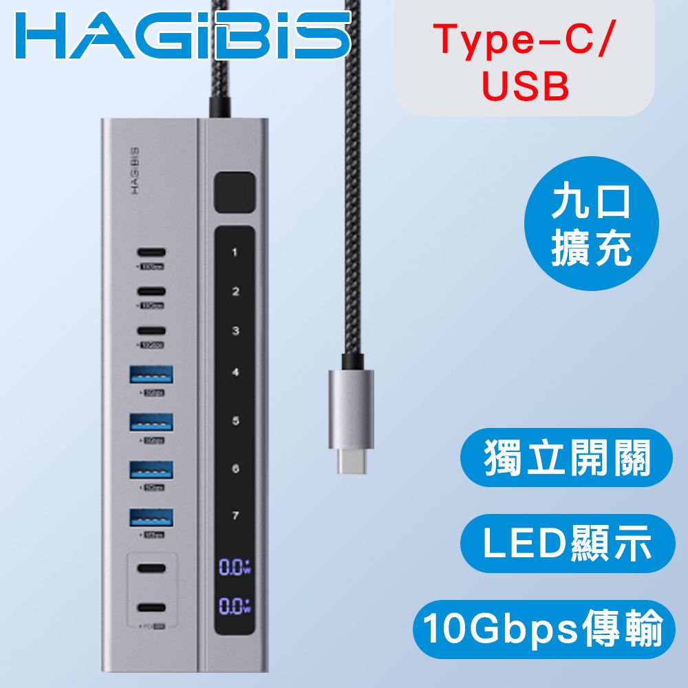  獨立開關 九口Type-C/USB 10G傳輸/快充數顯轉接器