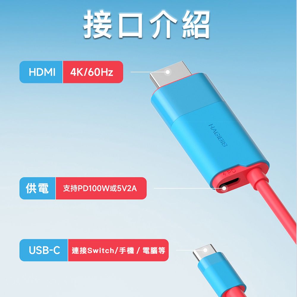 HAGiBiS 海備思  支援供電 Type-C轉HDMI轉換器 4K@30Hz 紅藍色