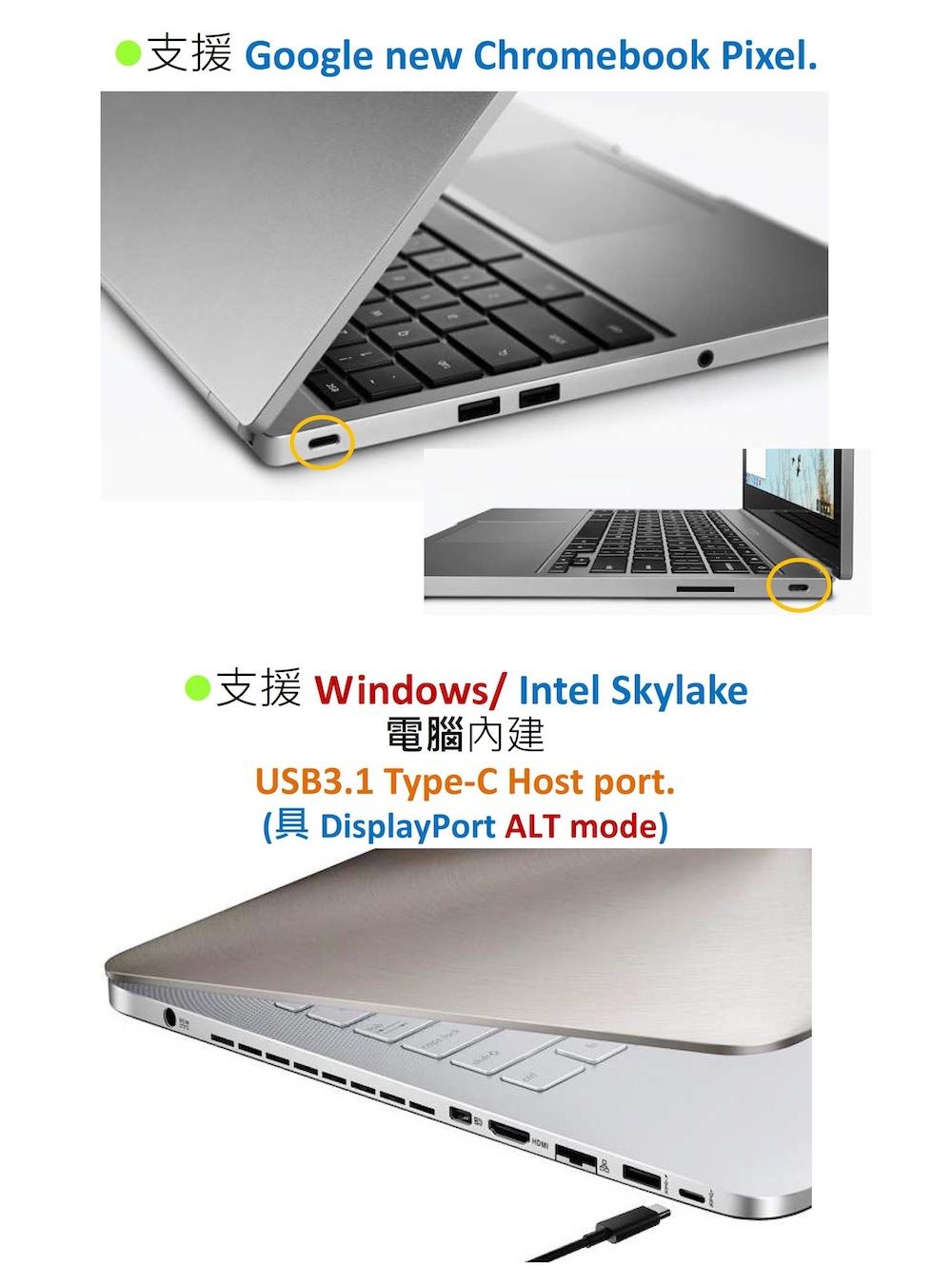 Google new Chromebook Pixel.Windows/Intel Skylake電腦內建USB3.1 Type-C Host port.DisplayPort ALT mode)