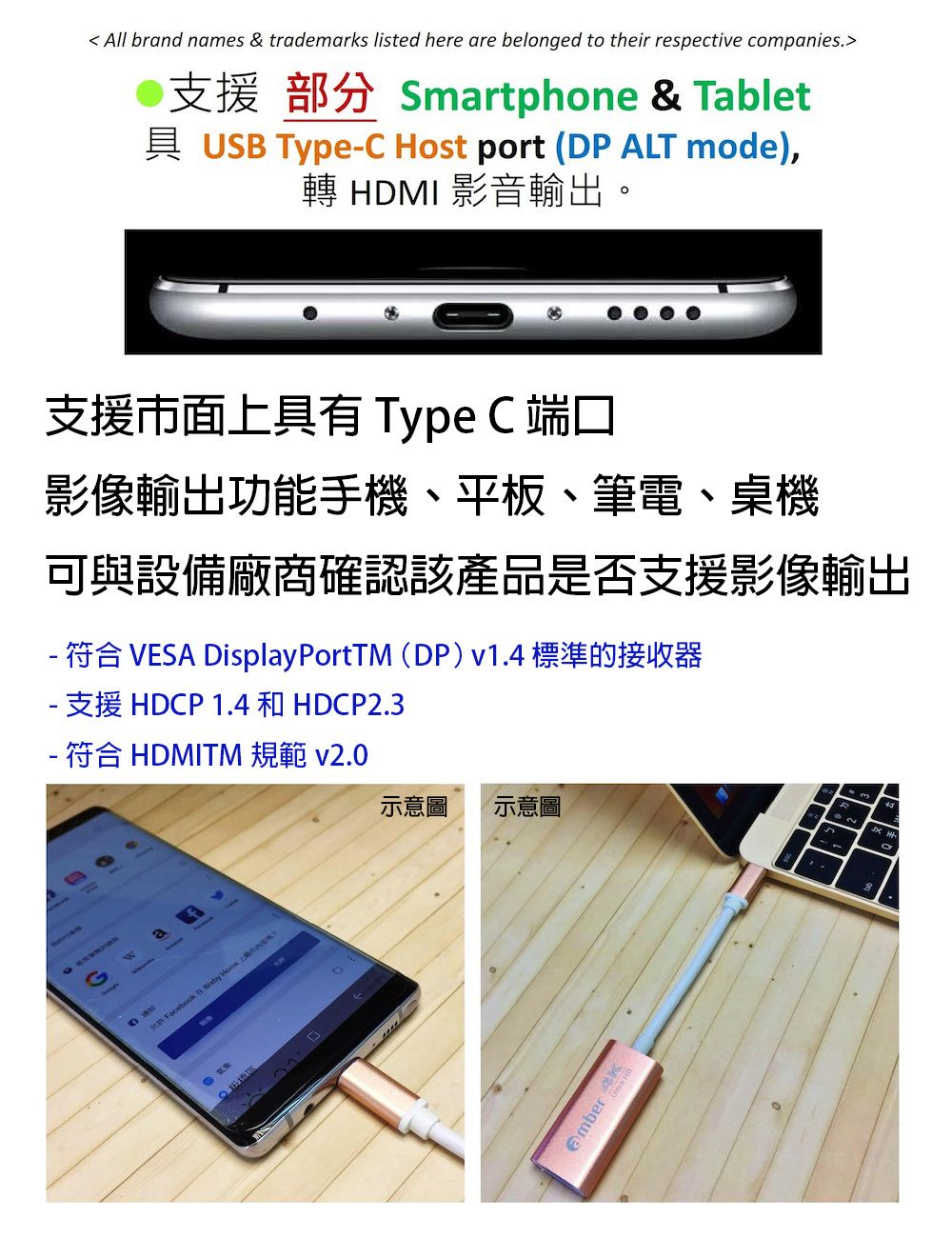 All brand names & trademarks listed here are belonged to their respective companies支援 部分 Smartphone & Tablet具 USB TypeC Host port (P ALT mode),轉 HDMI 影音輸出。支援市面上具有 Type C 端口影像輸出功能手機、平板、筆電、桌機可與設備廠商確認該產品是否支援影像輸出- 符合 VESA DisplayPortTM (DP)v1.4 標準的接收器- 支援 HDCP 1.4 和 HDCP2.3- 符合 HDMITM 規範 v2.0示意圖 示意圖2a     Home  D