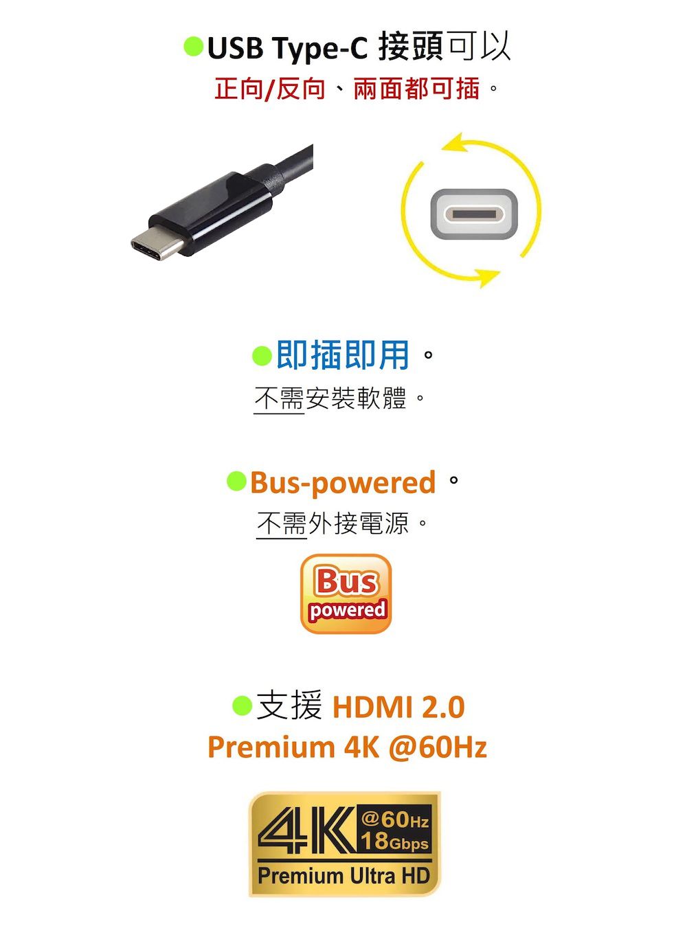 USB Type-C 接頭可以正向/反向、兩面都可插。即插即用不需安裝軟體Bus-powered不需外接電源。BuspoweredHDMI 2.Premium 4K @60Hz4K@60Hz18GbpsPremium Ultra HD0