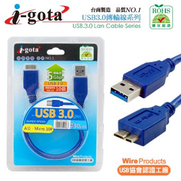 i-gota 愛購它 支援Note3 USB 3.0 A公-Micro 10P  高速傳輸線 30CM