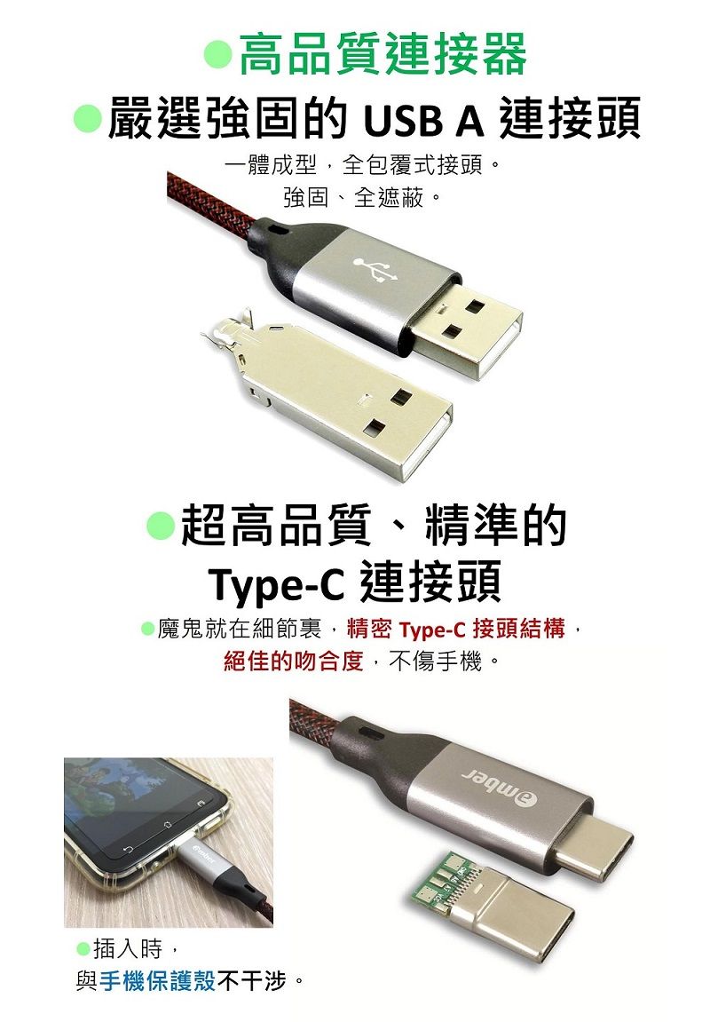 高品質連接器嚴選強固的 USB A 連接頭一體成型全包覆式接頭。強固、全遮蔽。超高品質、精準的Type-C 連接頭魔鬼就在細節裏, Type-C 接頭結構,絕佳的吻合度,不傷手機。插入時,與手機保護殼不干涉。