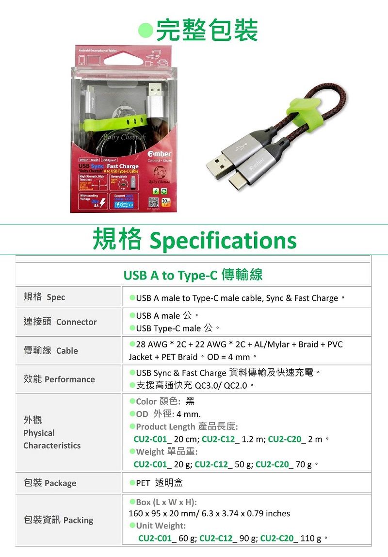 Tablet完整包裝 Stylish     Fast ChargeRuby Cheetah A to USB TypeC Cable HighVoltageConnect  規格 Spec連接頭 Connector傳輸線 Cable效能 Performance外觀PhysicalCharacteristicsSpecificationsUSB A to Type-CUSB A male to Type-C male cable, Sync & Fast Charge  USB A male 公USB Type-C male28 AWG  2C  22 AWG  2C  AL/Mylar  Braid  PVCJacket  PET Braid OD  4 mm USB Sync & Fast Charge 資料傳輸及快速充電。支援高通快充QC3.0/QC2.0。 Color 顏色:黑 外徑:4mm.Product Length 產品長度:CU2- 20 cm CU2-C12_ 1.2 m; CU2- m 單品重:CU2-C01 20 g; CU2-C12_ 50 g; CU2- g包裝 Package 透明盒包裝資訊 PackingBo (L  W  H):160 x 95 x 20 mm/ 6.3 x 3.74 x 0.79 inches Weight:CU2- g; CU2-C12_90 g; CU2- g