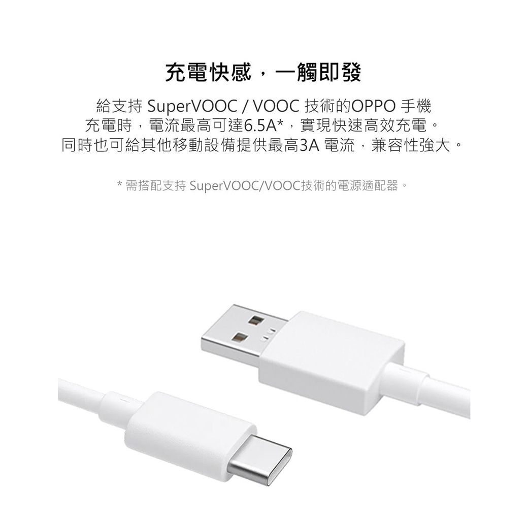 充電快感,一觸即發給支持 SuperVOOC / VOOC 技術的OPPO 手機充電時,電流最高可達6.5A*,實現快速高效充電。同時也可給其他移動設備提供最高3A 電流,兼容性強大。* 需搭配支持 SuperVOOC/VOOC技術的電源適配器。