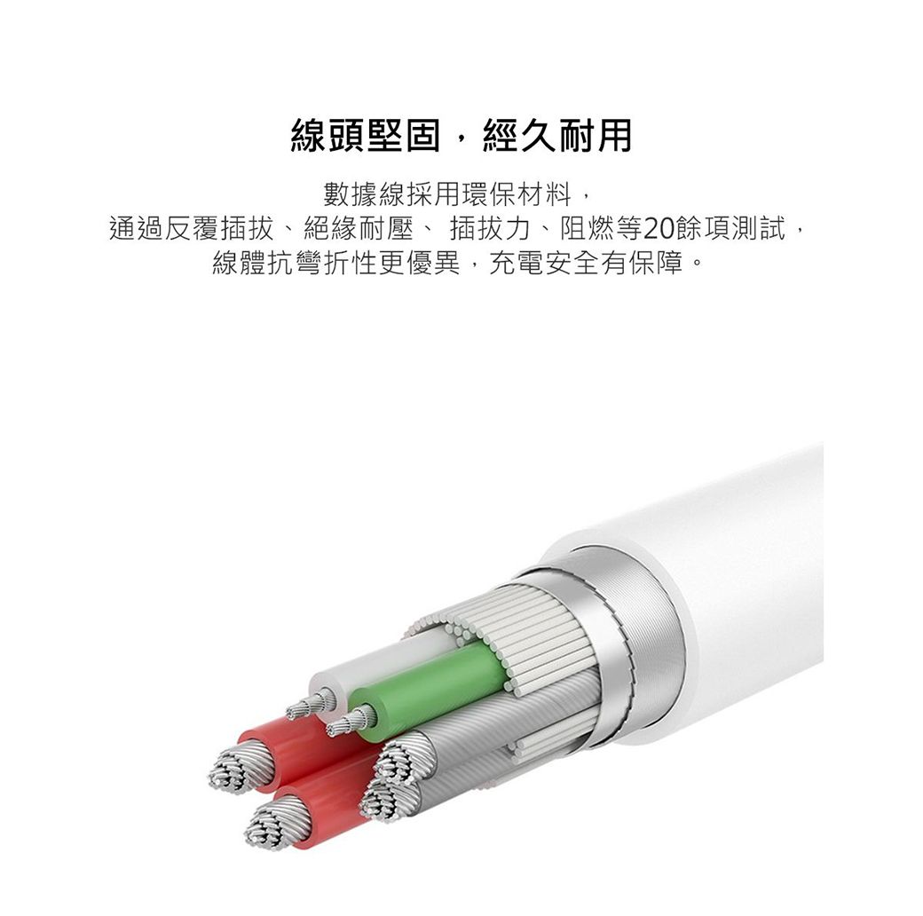 線頭堅固,經久耐用數據線採用環保材料,通過反覆插拔、絕緣耐壓、 插拔力、阻燃等20餘項測試,線體抗彎折性更優異,充電安全有保障。