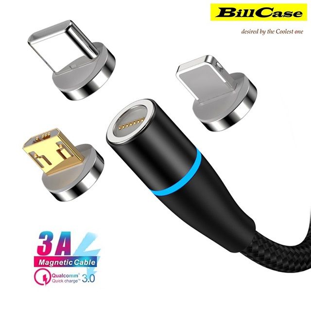 Bill Case   2019全新 圓型 QC 3.0 + 3A  強力磁吸 Type-C, Lightning, Micro-USB 閃充傳輸線 100 公分 鈦黑