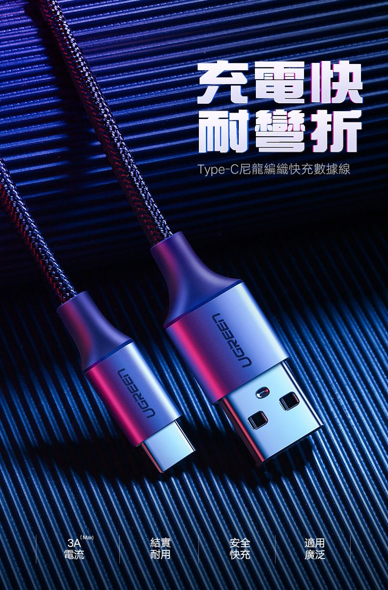 3A電流UGREEN結實安全適用耐用快充廣泛UGREEN充電快耐彎折Type-C尼龍編織快充數據線