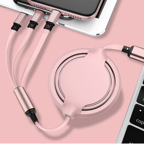 Lightning MicroUSB Type-C 三合一伸縮充電線 液態矽膠 柔膚觸感 櫻花粉	