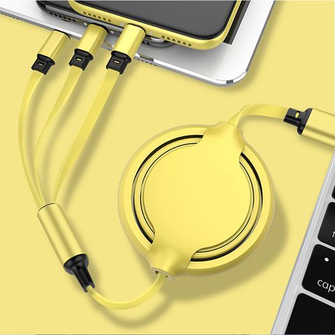 液態矽膠 Lightning MicroUSB Type-C 三合一伸縮 一拖三充電線 Apple Andriod快充線 黃色