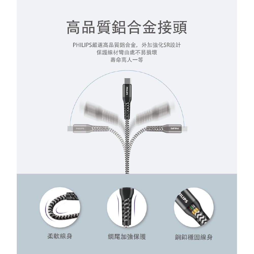 PHILIPS 飛利浦  Type C防彈絲手機充電線125cm DLC4572A