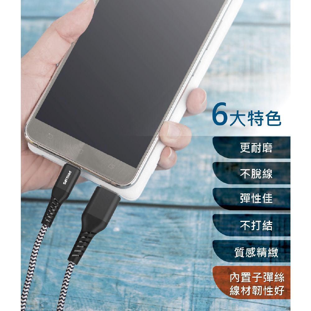 PHILIPS 飛利浦  Type C防彈絲手機充電線125cm DLC4572A