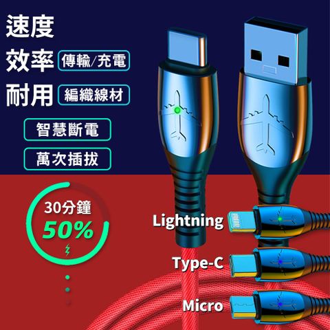 智慧發光充電線 紅色 100cm Type-C 傳輸線 飛機款