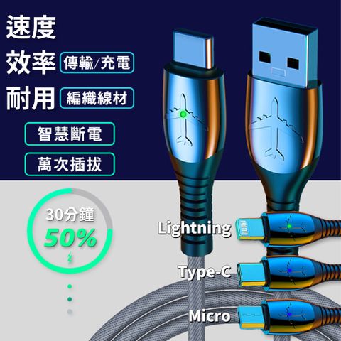 智慧發光充電線 銀色 100cm Type-C 傳輸線 飛機款