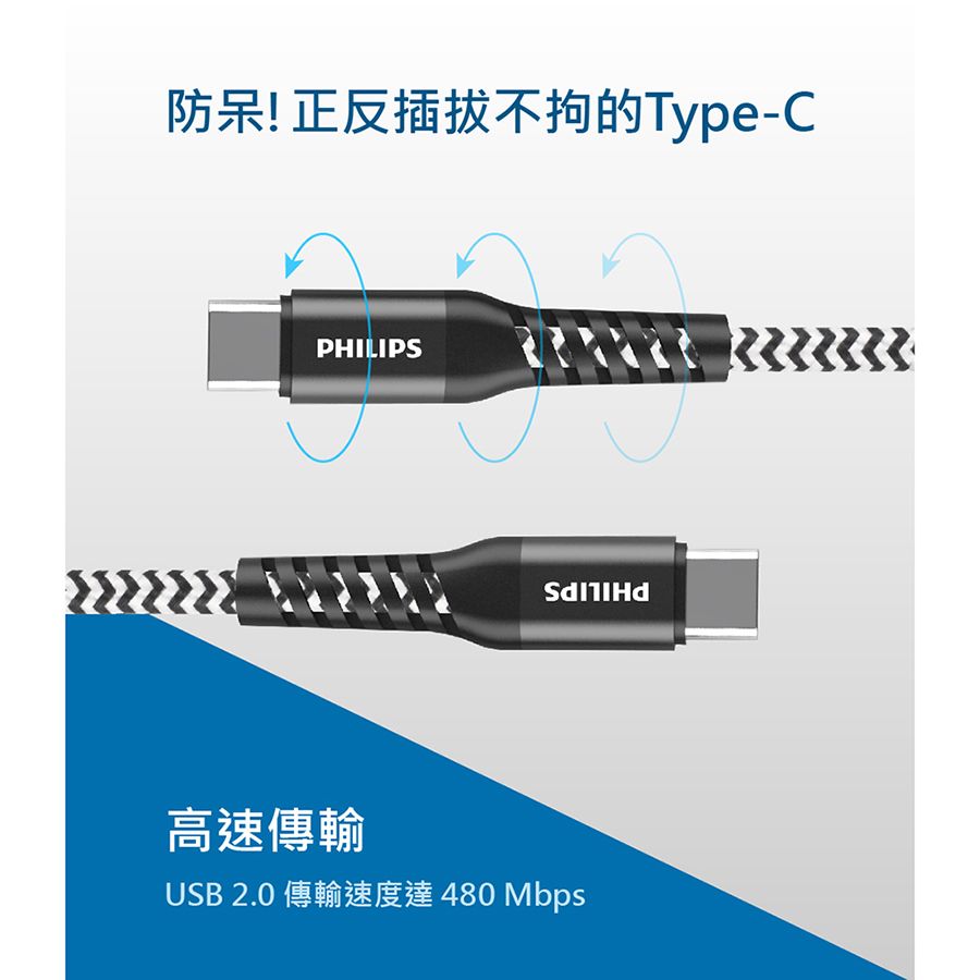 PHILIPS 飛利浦  Type C防彈絲手機充電線200cm DLC4573A