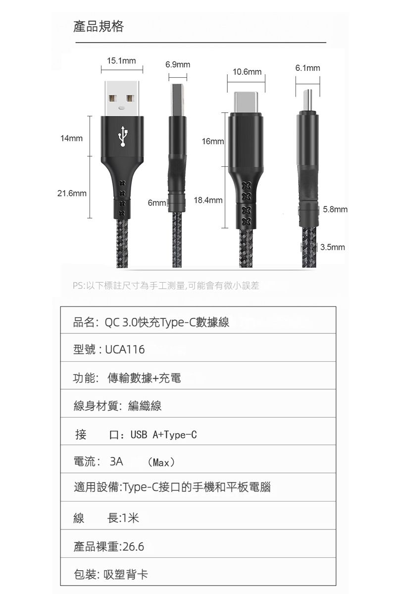 產品規格14mm15.1mm6.9mm6.1mm10.6mm16mm21.6mm18.4mm6mm5.8mmPS:以下標註尺寸為手工測量,可能會有微小誤差品名:QC 3.0快充Type-C數據線型號:UCA116功能: 傳輸數據+充電線身材質:編織線接 口:USB A+Type-C電流: 3A (Max)適用設備:Type-C接口的手機和平板電腦線長:1米產品裸重:26.6包裝:吸塑背卡3.5mm