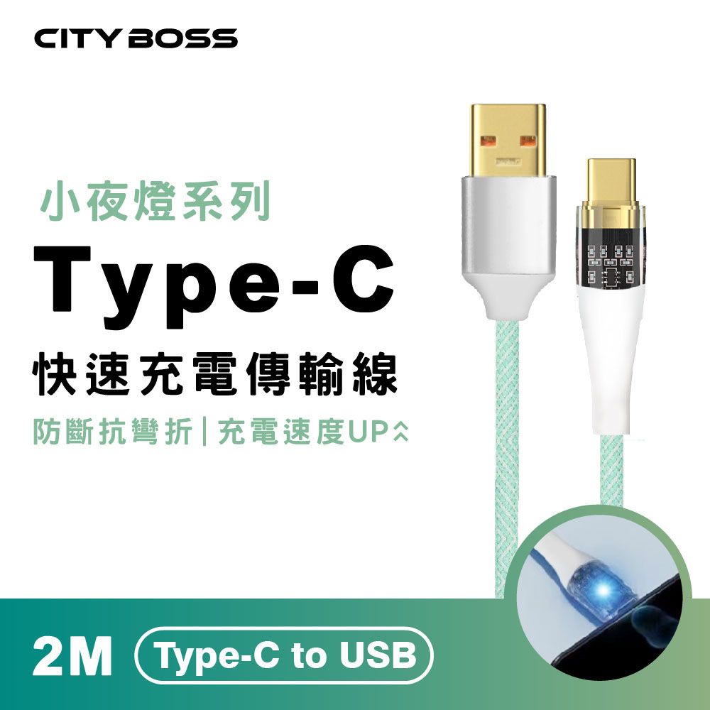 CITY BOSS Type-C to USB 200CM 透明發光傳輸充電線