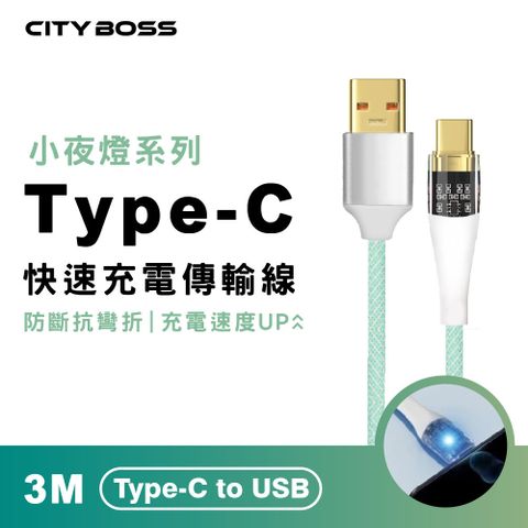 CITY BOSS Type-C to USB 300CM 透明發光傳輸充電線