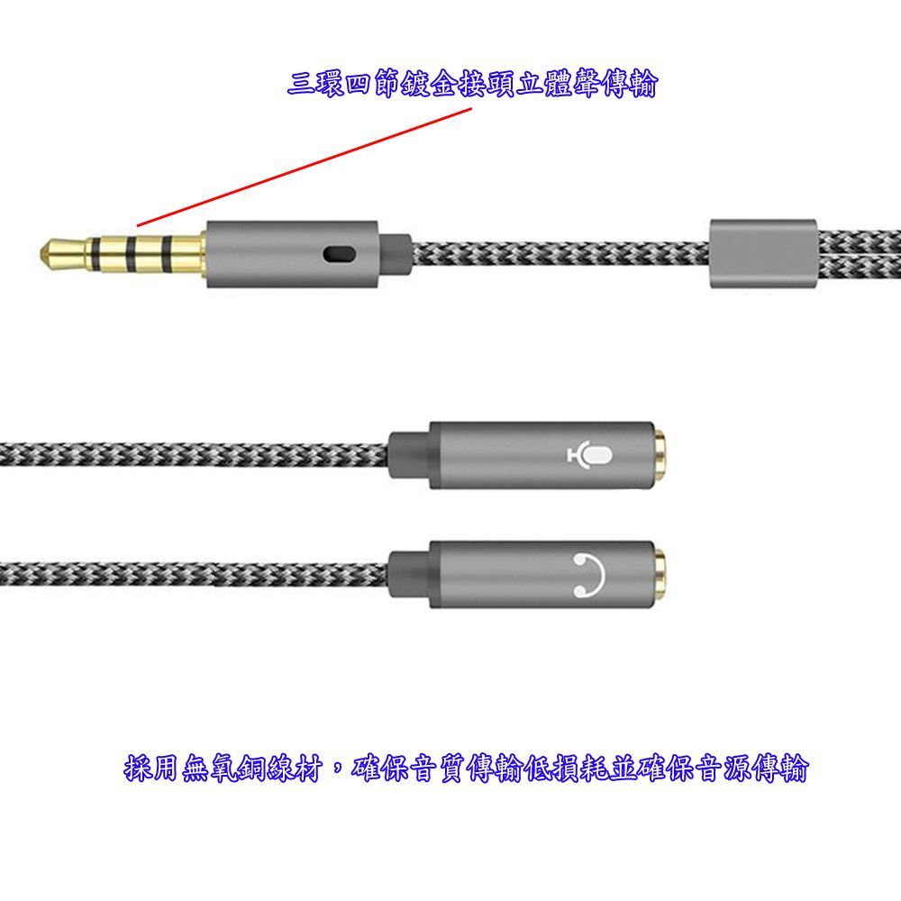 月陽 鋁合金耐拉扯編織線鍍金1公轉2母耳機加麥克風二合一音源轉接線分接線(NCB03)