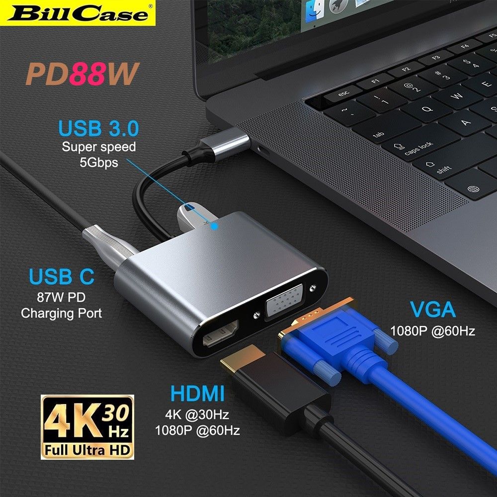 Bill Case   2022 全新 GaN n Roses 氮化鎵與玫瑰 高階 4K PD88W Type-C轉VGA HDMI USB 5 Gbps 多功能影音HUB 鈦灰