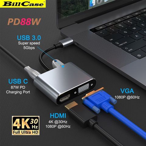 Bill Case 2022 全新 GaN n Roses 氮化鎵與玫瑰 高階 4K PD88W Type-C轉VGA HDMI USB 5 Gbps 多功能影音HUB 鈦灰