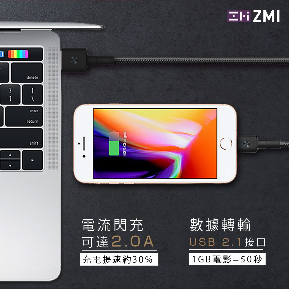 ZMI MFI認證 Type-C to Lightning 充電線/編織傳輸線 2M 支援iPhone 5-14全系列 AL881 iPad適用 蘋果 200cm