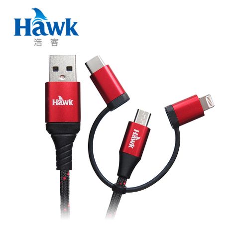 ★Type-C/Lightning/Micro USB三種介面皆可充電Hawk Type-C六合一快速充電傳輸線1.5M MFI 紅