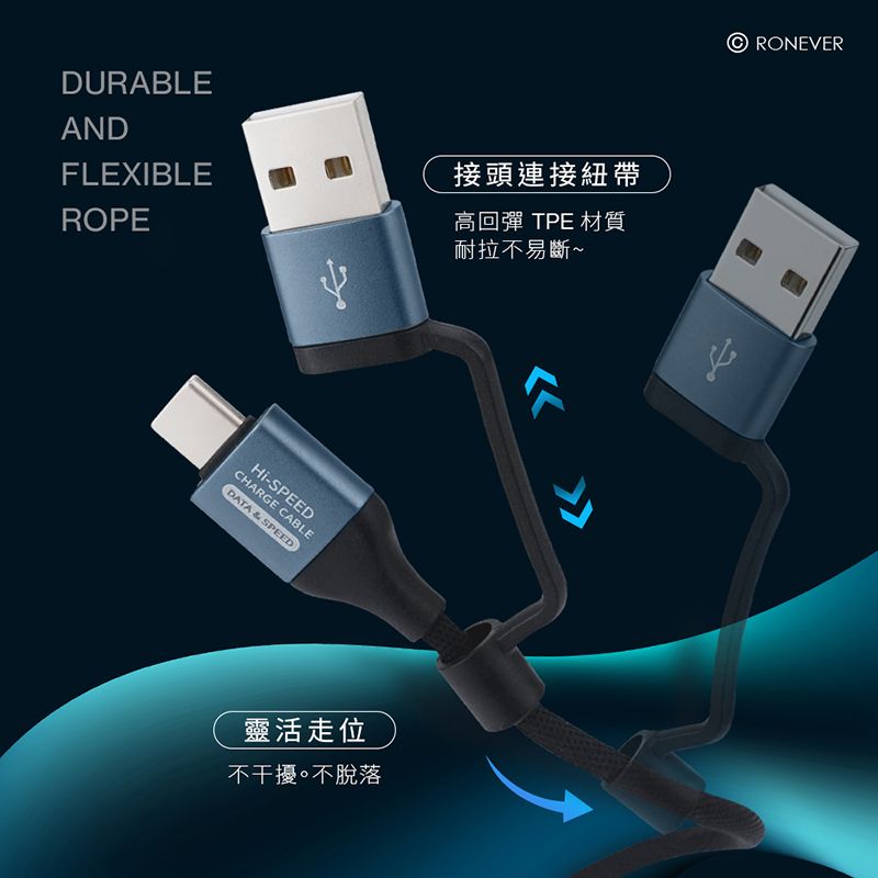 DURALEANDFLEXIBLEROPEBHi-SPEEDCHARGE CABLEDATA & SPEED接頭連接紐帶高回彈 TPE 材質耐拉不易斷~靈活走位不干擾。不脫落 RONEVER