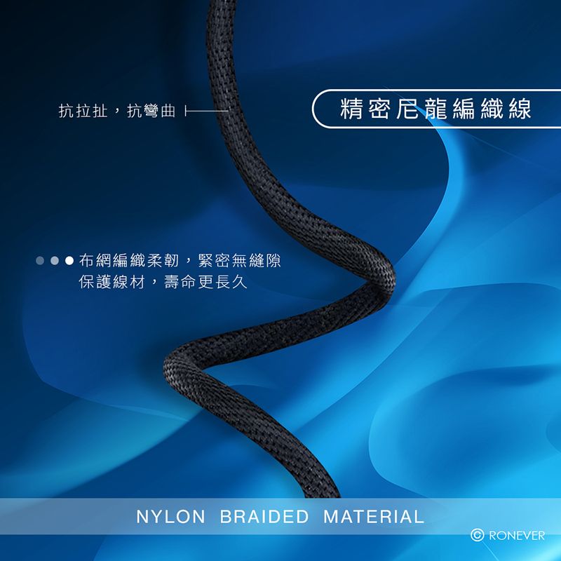 抗拉扯抗彎曲精密尼龍編織線,布網編織柔韌,緊密無縫隙保護線材,壽命更長久NYLON BRAIDED MATERIALRONEVER
