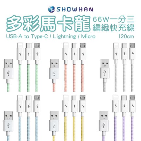 SHOWHAN 66W快充 馬卡龍編織 USB-A to 一分三充電線1.2M