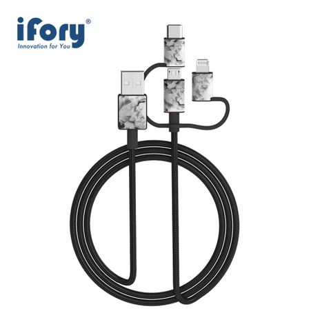 iFory USB A to MirocB+Lightning+Type-C 蘋果MFi認證 三合一雙層編織充電傳輸線-0.9M(曜石黑)