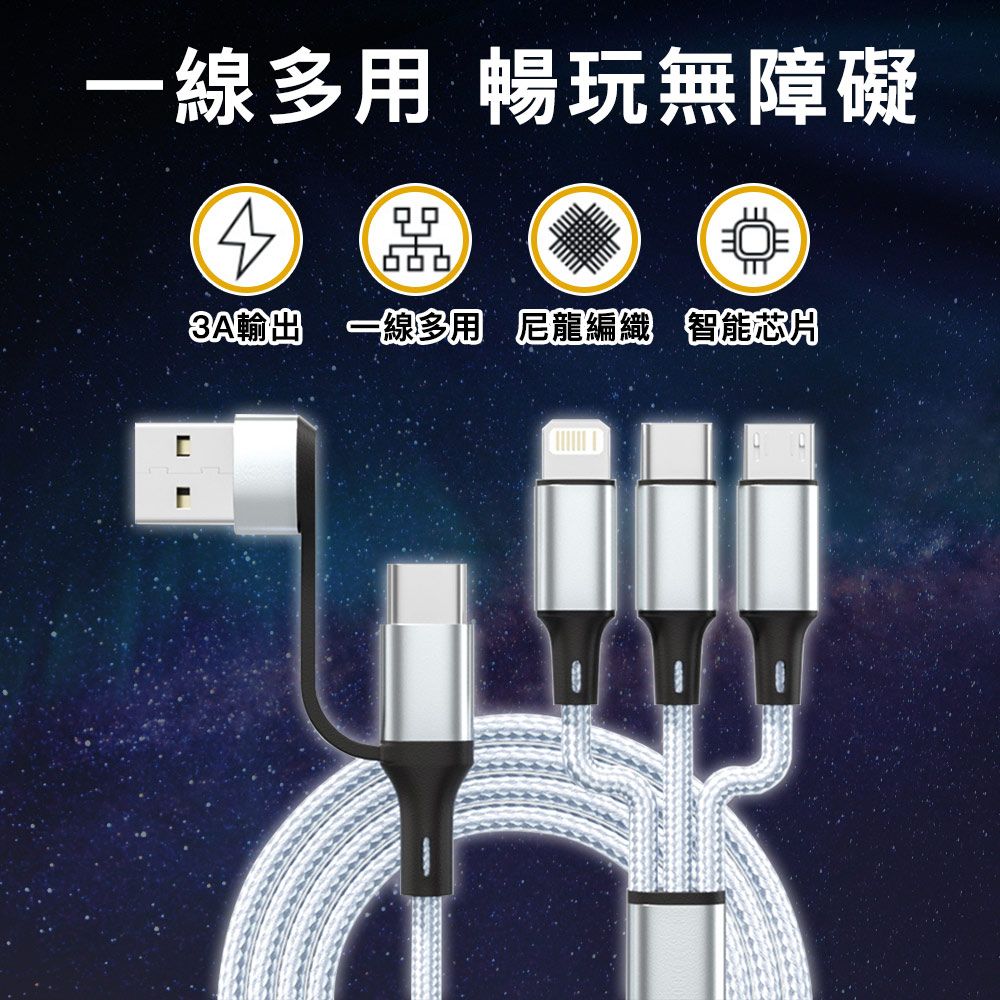 MoZuo 魔宙 USB/Type-C轉MicroUSB+Lightning+Type-C六合一充電線 黑 1.2M