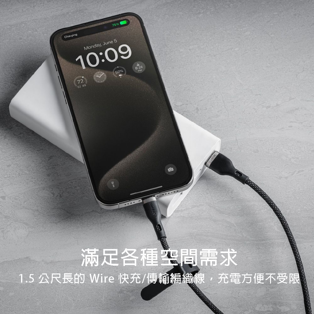 Charging75%72Monday, June 510:0950% 89滿足各種空間需求1.5 公尺長的 Wire 快充/傳輸編織線,充電方便不受限