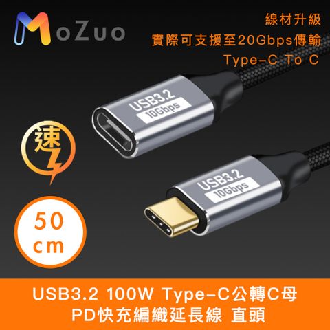 MoZuo 魔宙 USB3.2 100W Type-C公轉C母 PD快充編織延長線 直頭50cm