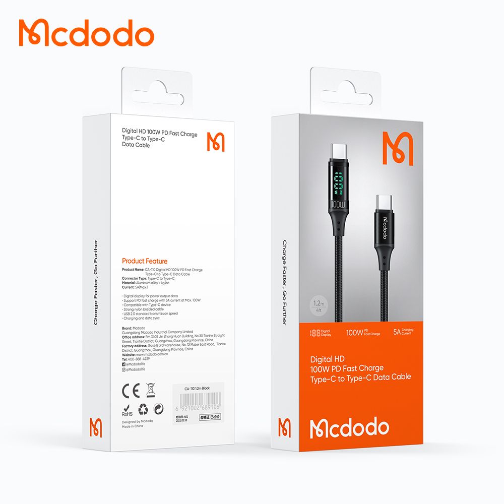 Mcdodo 麥多多  急速 PD 100W LED曲面顯示 雙向USB-C快充/傳輸 編織線 1.2m