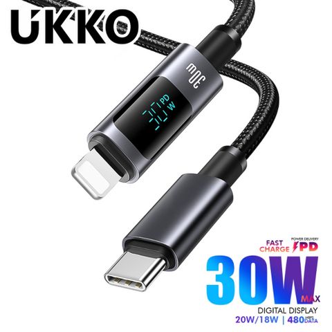 UKKO 急速 PD 30W Type-C to Lightning 數位顯示充電編織傳輸線 1.2m (黑)