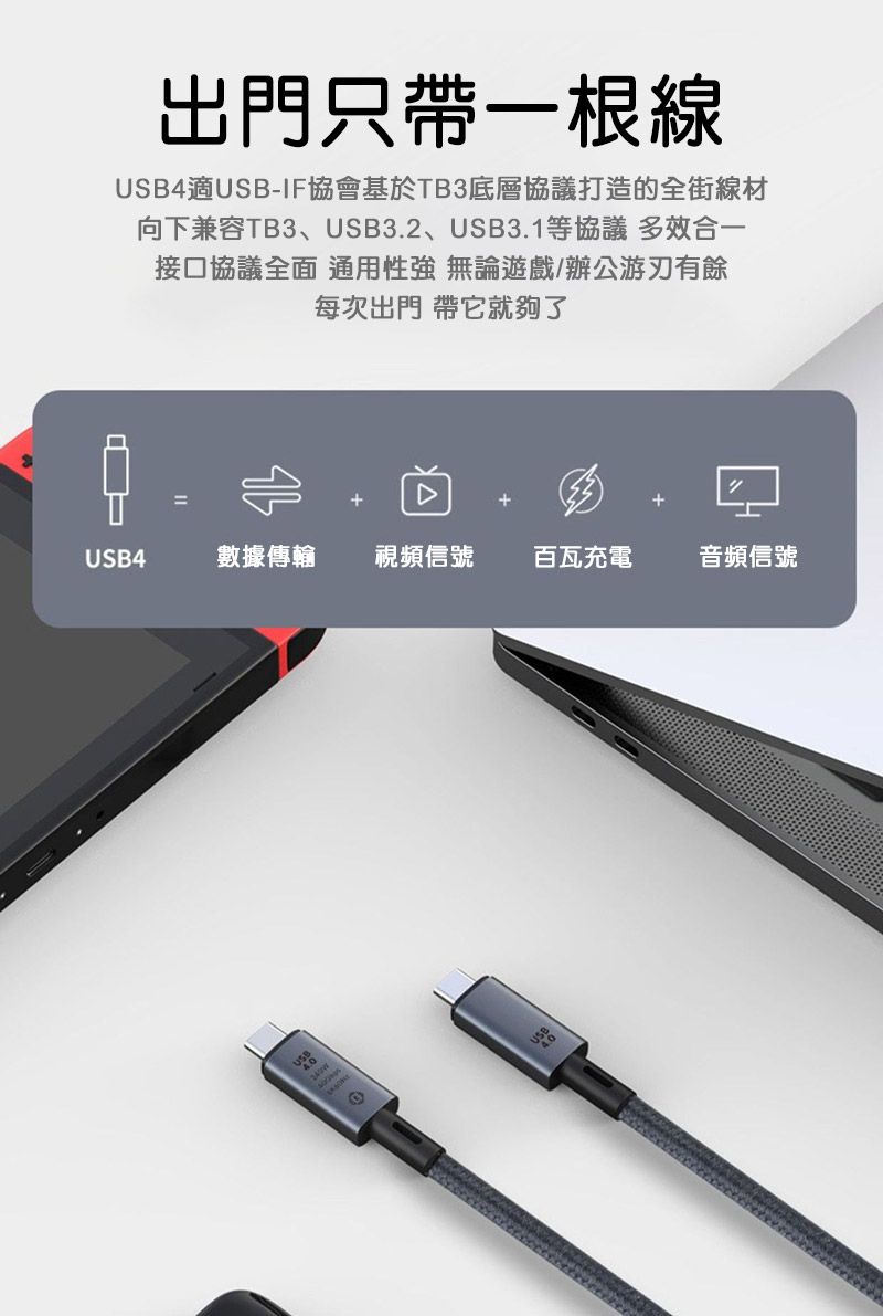 出門只帶一根線USB4適USB-IF協會基於TB3底層協議打造的全街線材向下兼容TB3、USB3.2、USB3.1等協議 多效合一接口協議全面 通用性強 無論遊戲/辦公游刃有餘每次出門 帶它就夠了=+USB4數據傳輸視頻信號 百瓦充電音頻信號