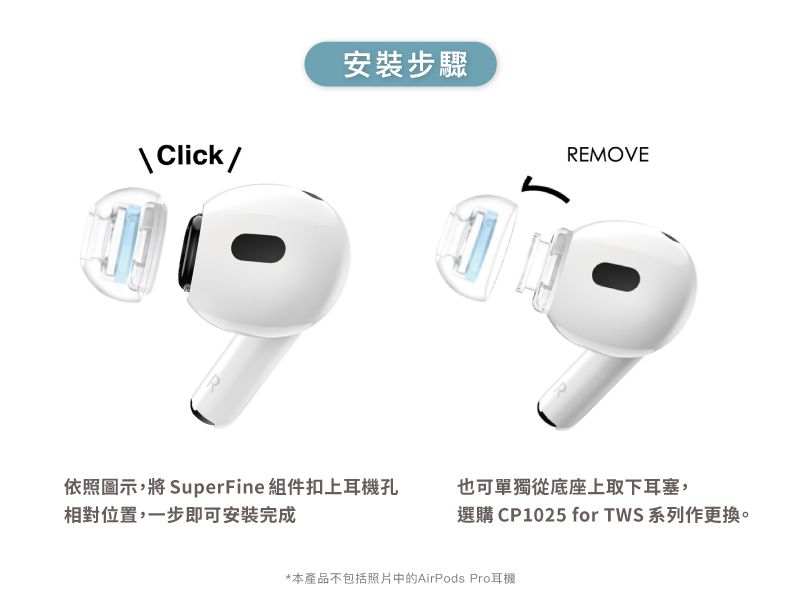 \Click/安裝步驟依照圖示,將 SuperFine 組件扣上耳機孔相對位置,一步即可安裝完成REMOVE也可單獨從底座上取下耳塞,選購 CP1025 for TWS 系列作更換。*本產品不包括照片中的AirPods Pro耳機