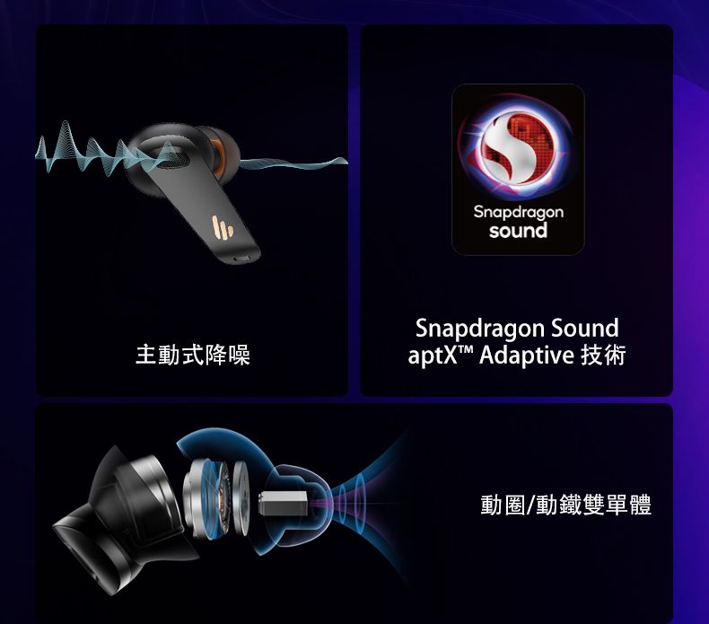 主動式降噪SnapdragonsoundSnapdragon SoundaptX Adaptive 技術動圈/動鐵雙單體