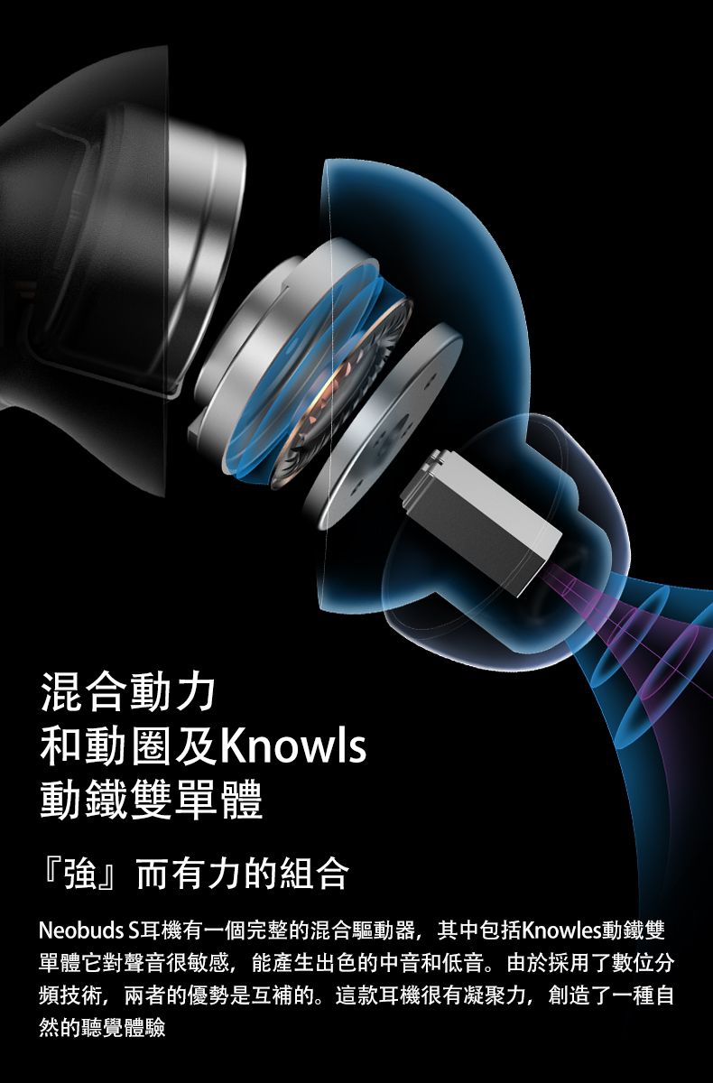 混合動力和動圈及Knowls動鐵雙單體『強』而有力的組合Neobuds S耳機有一個完整的混合驅動器,其中包括Knowles動鐵雙單體它對聲音很敏感,能產生出色的中音和低音。由於採用了數位分頻技術,兩者的優勢是互補的。這款耳機很有凝聚力,創造了一種自然的聽覺體驗