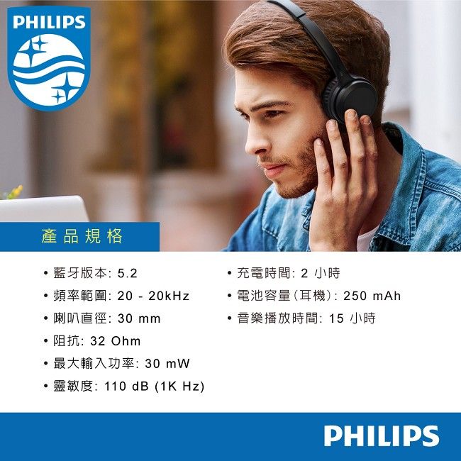 PHILIPS產品規格藍牙版本:5.2頻率範圍:20-20kHz喇叭直徑:30 阻抗:32 Ohm輸入功率:30mW靈敏度:110dB (1K Hz)充電時間: 2小時電池容量(耳機):250 mAh音樂播放時間:15 小時PHILIPS