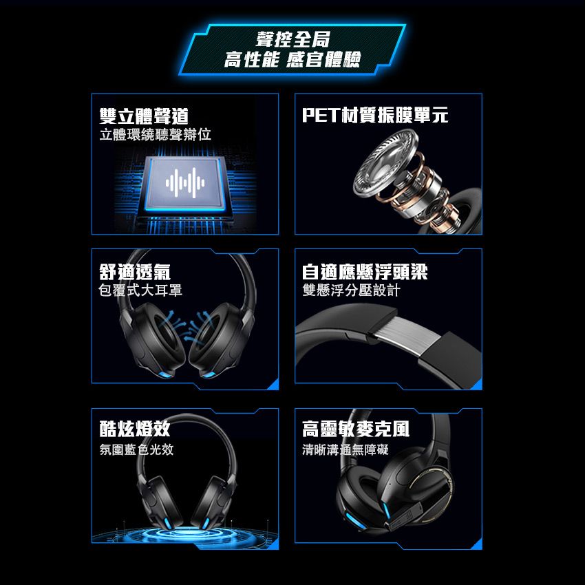 聲控全局高性能 感官體驗雙立體聲道PET材質振膜單元立體環繞聽聲辯位舒適透氣包覆式大耳罩自適應懸浮頭梁雙懸浮分壓設計酷炫燈效高靈敏麥克風氛圍藍色光效清晰溝通無障礙