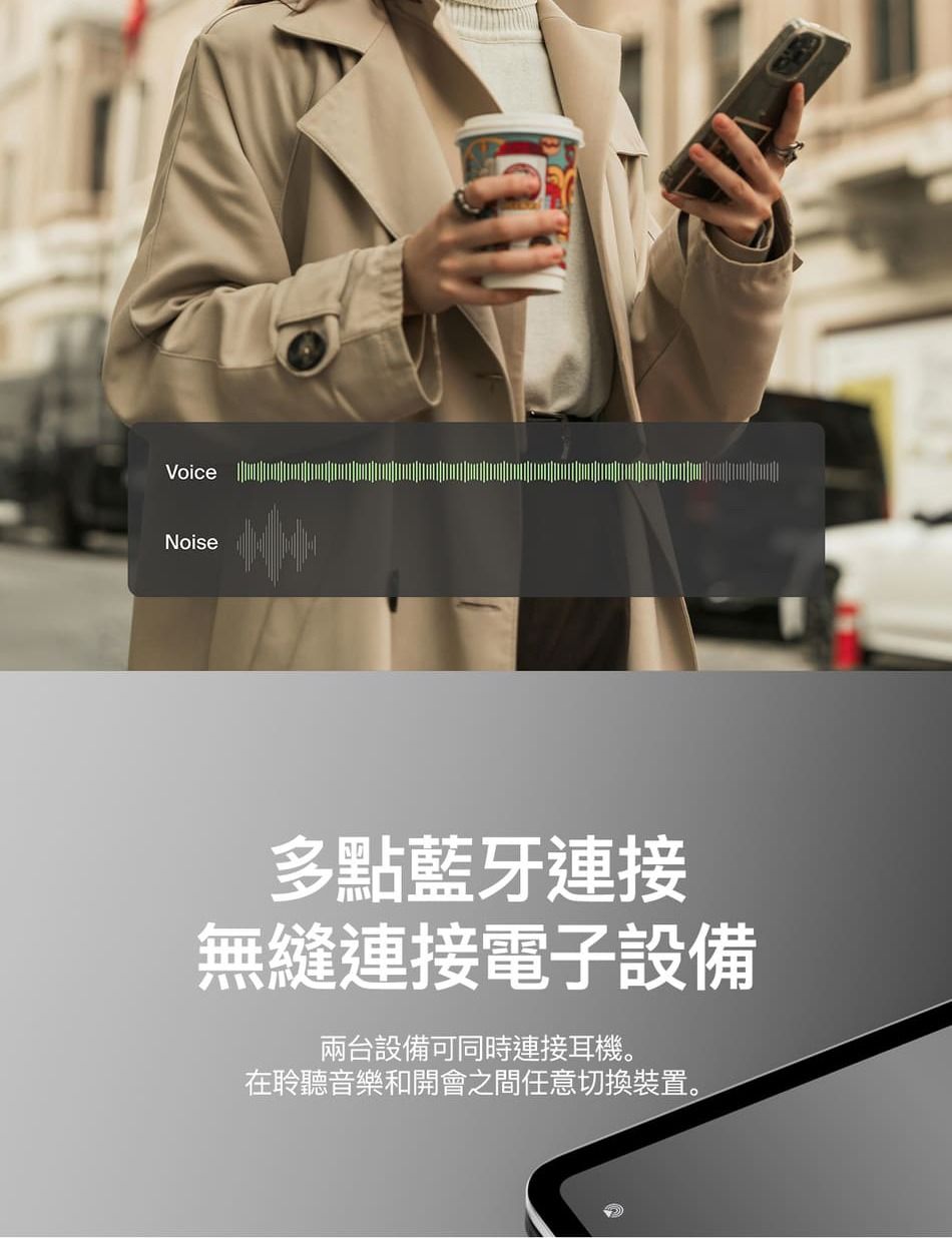 VoiceNoise多點藍牙連接無縫連接電子設備兩台設備可同時連接耳機。在聆聽音樂和開會之間任意切換裝置。