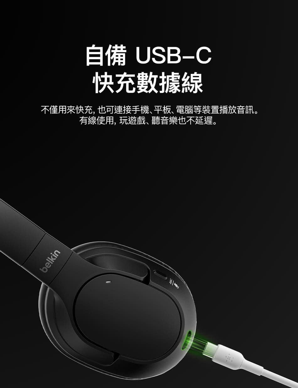 belkin自備 USB-C快充數據線不僅用來快充, 也可連接手機、平板、電腦等裝置播放音訊。有線使用, 玩遊戲、聽音樂也不延遲。